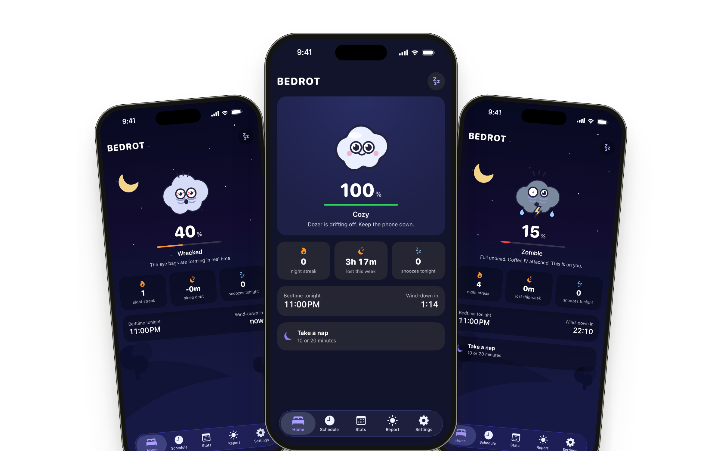 The Bedrot app on three iPhones — Dozer the sleepy cloud at 100, 40, and 15 percent sleep health