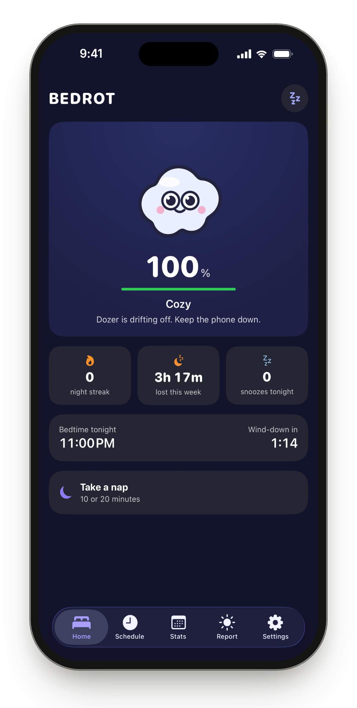 Bedrot home screen — Dozer at 100 percent, cozy and drifting off, with night streak and bedtime stats