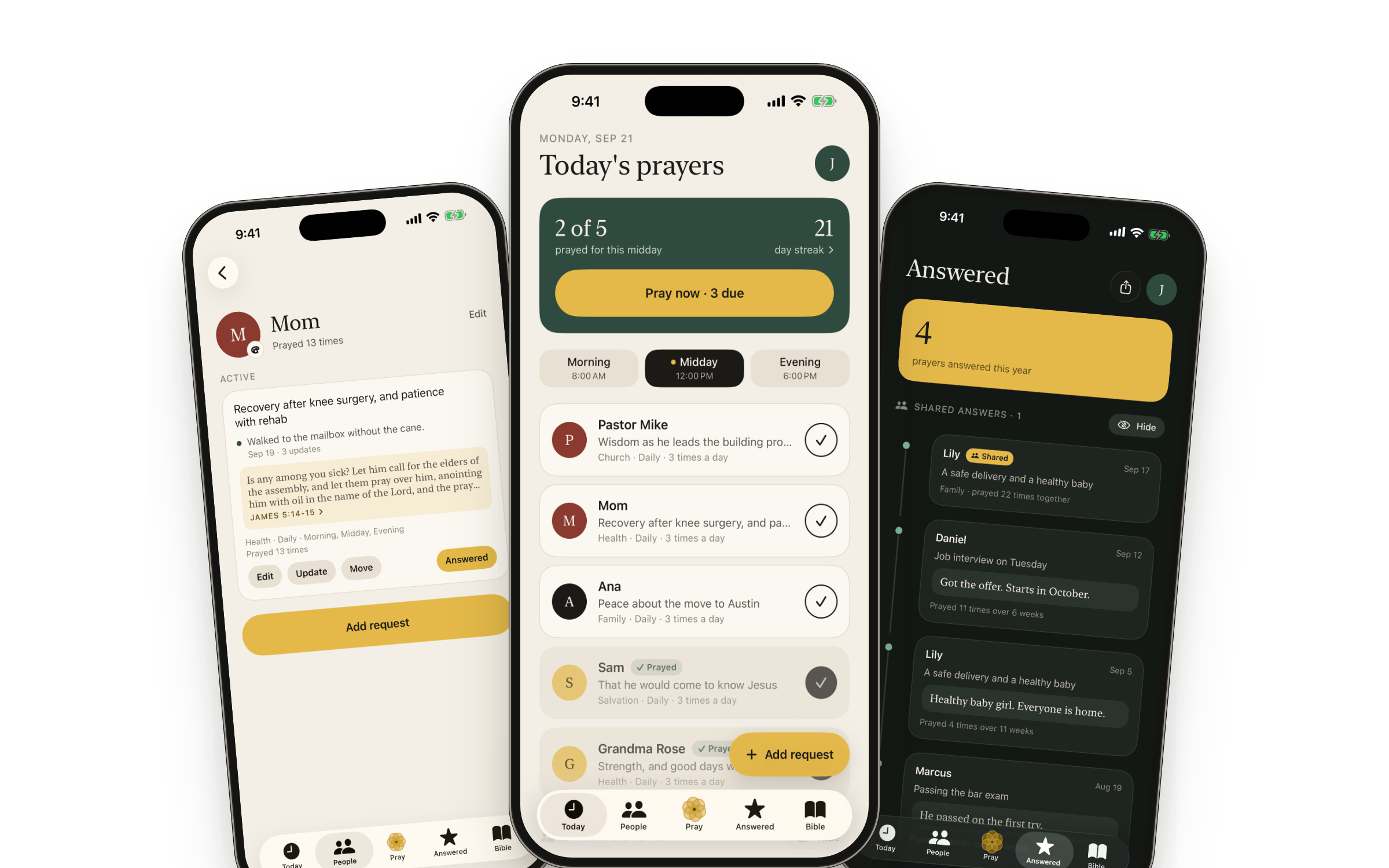 The PrayerTrackr app on three iPhones — today's prayers, answered prayers, and prayer details