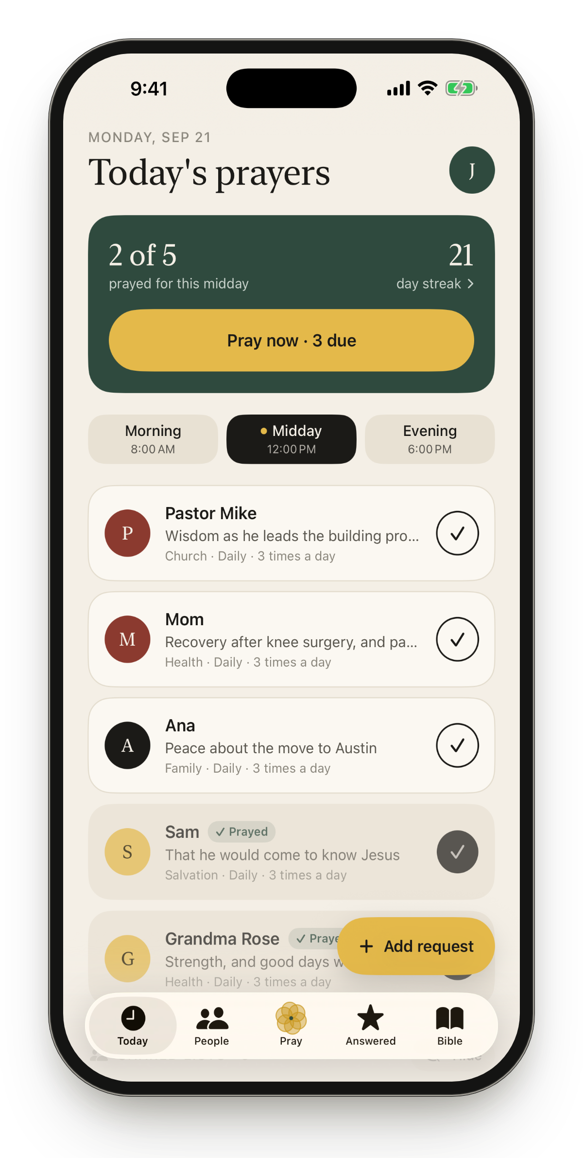 PrayerTrackr Today screen — 2 of 5 prayers prayed for midday, a 21-day streak, and the prayer list