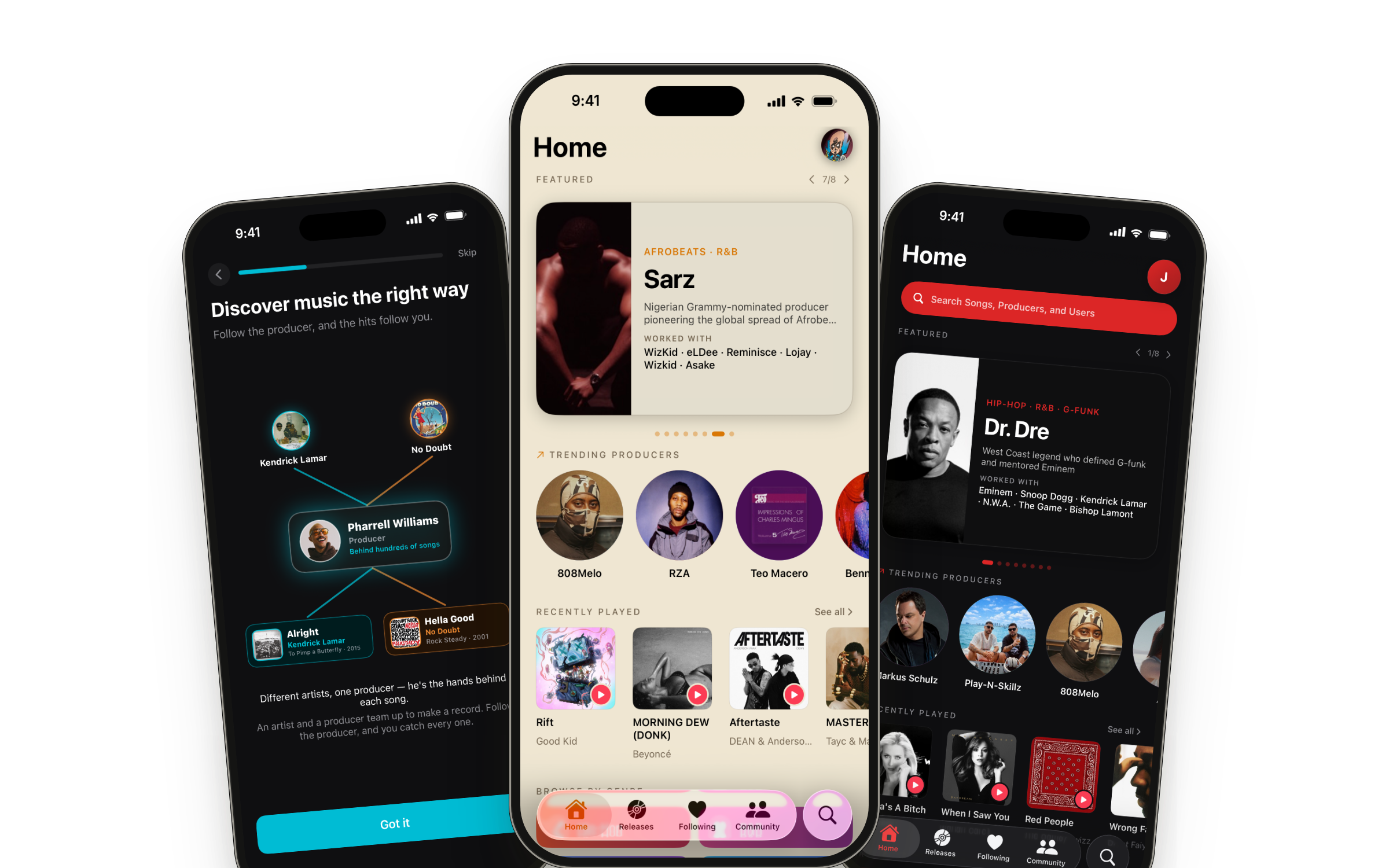The ProducerTrackr app on three iPhones — discover music by following producers