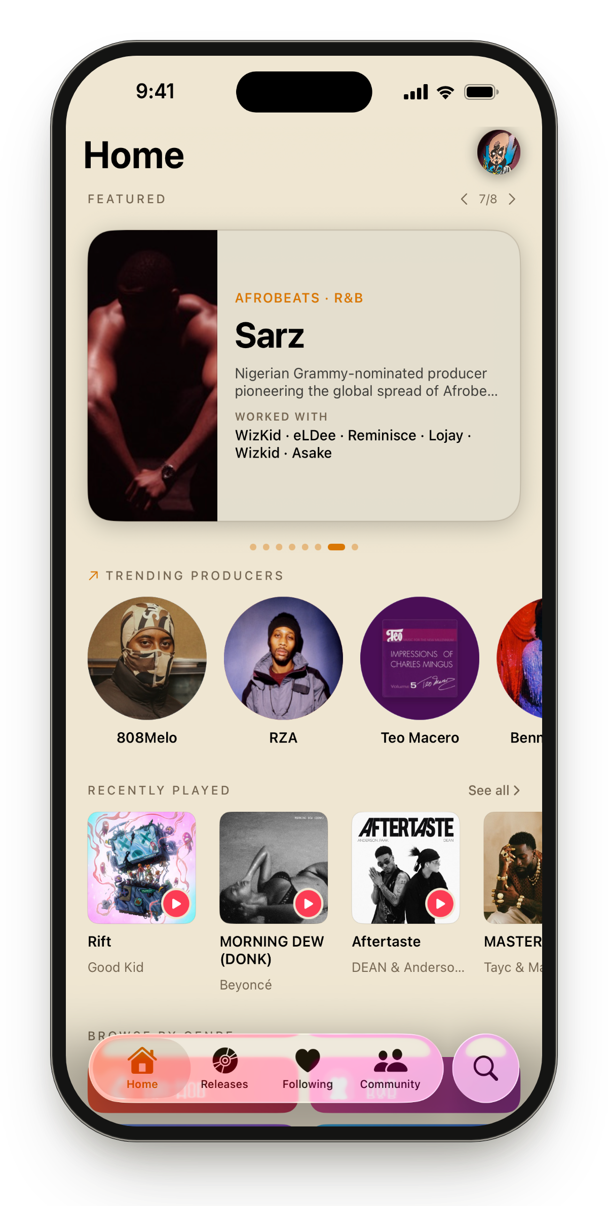 ProducerTrackr home screen with a featured producer, trending producers, and recently played tracks